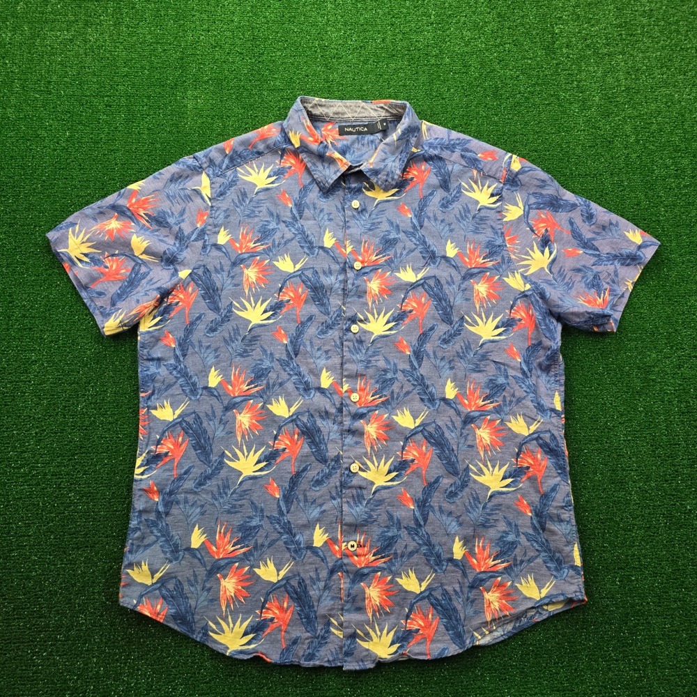 Nautica Shirt Mens Medium Blue Bird of Paradise Palm Floral Tropical Beach Aloha